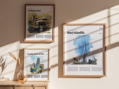 Three framed architectural posters hang on a light-colored wall, featuring the Burj Khalifa, Fallingwater, and the Leaning Tower of Pisa, with sunlight casting shadows across them.