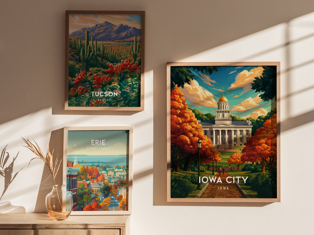 Iowa City, Iowa Poster | Heartland Campus & River Charm Travel Wall Art — styled in a modern interior