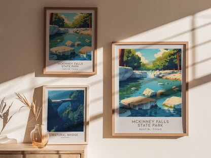 McKinney Falls State Park Matte Border Poster | Austin, Texas Destination Print Travel Wall Art — styled in a modern interior