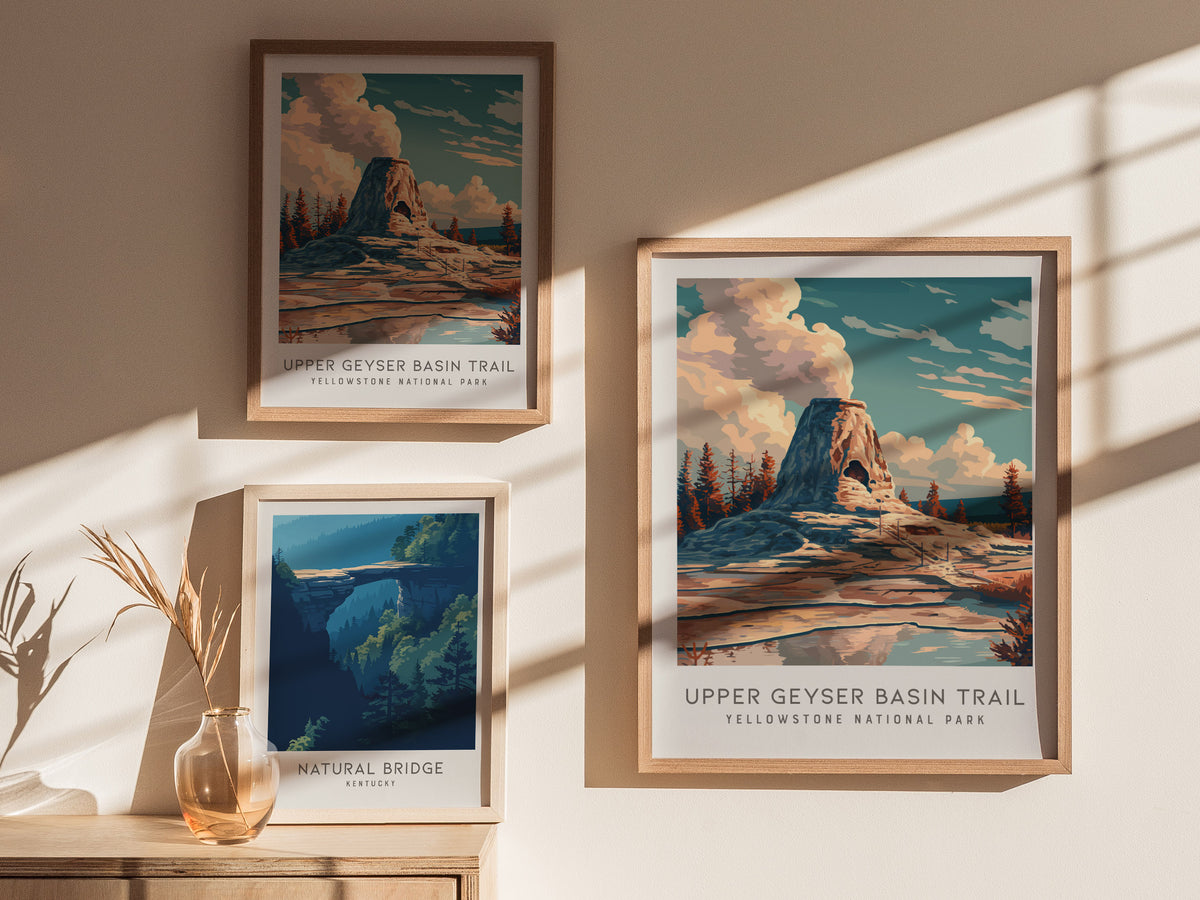 Upper Geyser Basin Trail Matte Border Poster | Yellowstone National Park Destination Print — styled in a modern interior