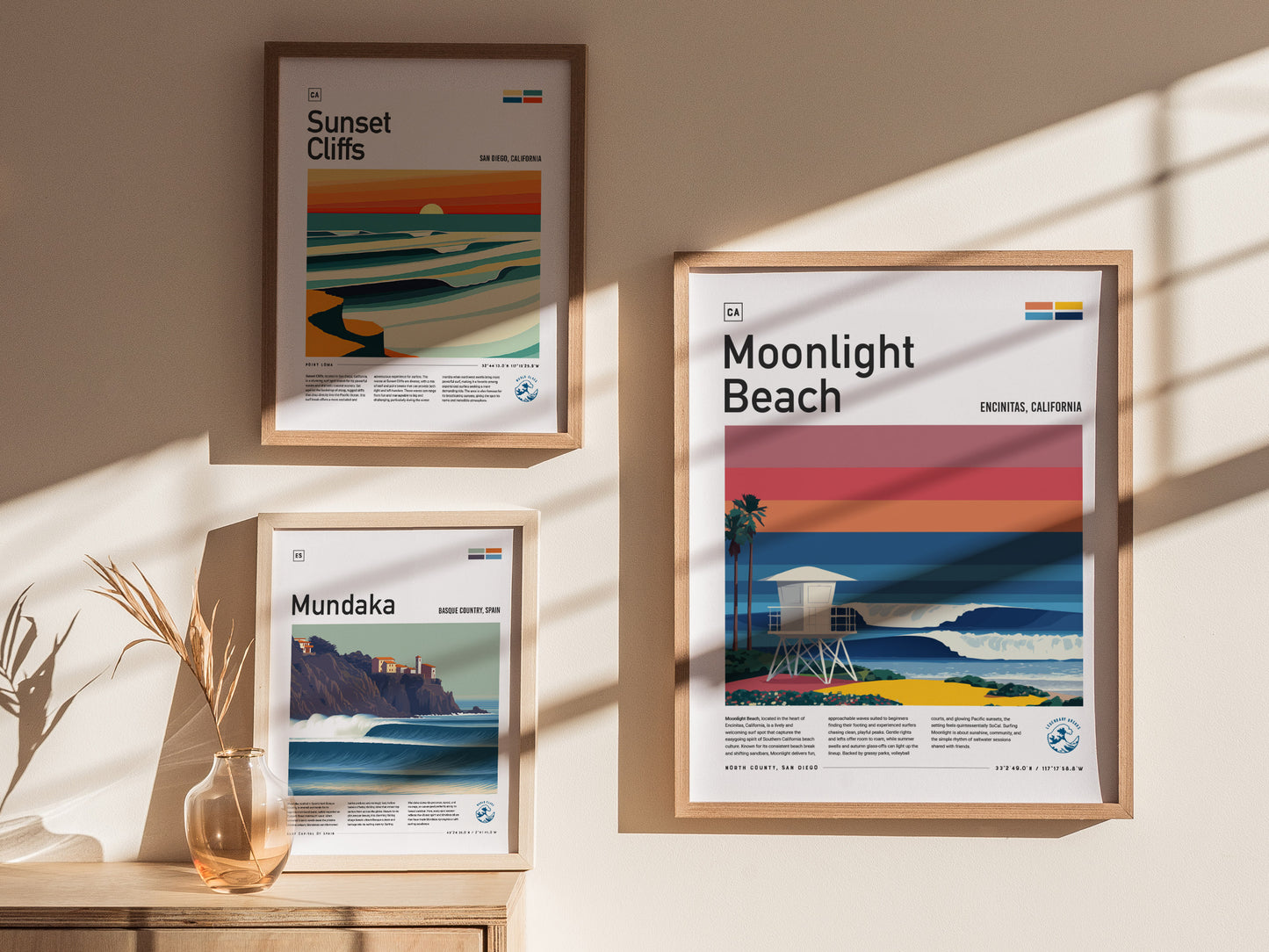 Framed Moonlight Beach poster featuring a lifeguard tower, vibrant sunset, and palm trees, perfect surf art for beach decor.