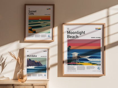 Framed Moonlight Beach poster featuring a lifeguard tower, vibrant sunset, and palm trees, perfect surf art for beach decor.