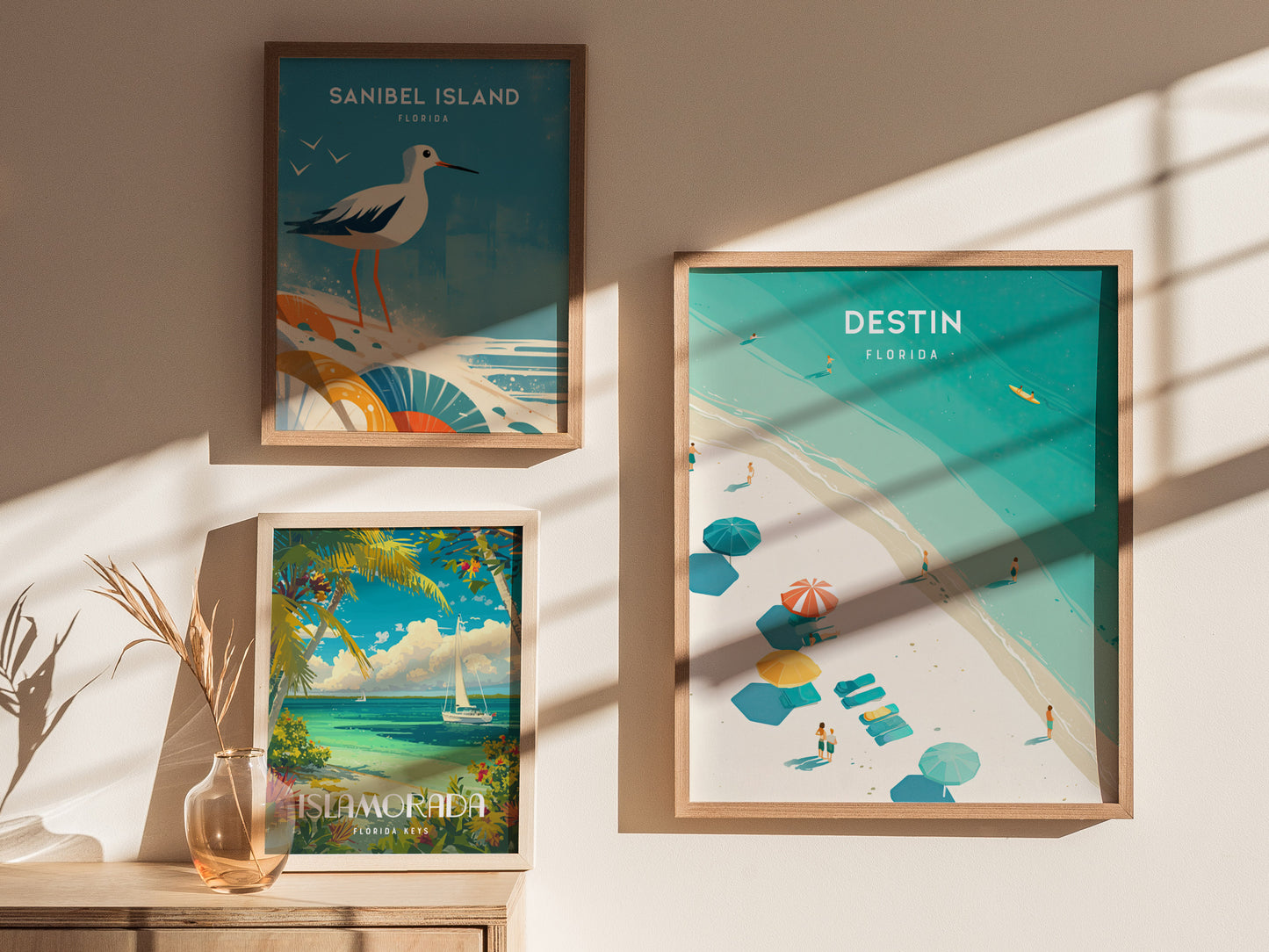 Three framed posters are displayed on a sunlit wall, featuring Sanibel Island, Destin, and Islamorada with vibrant beach and ocean scenes. Shadows and a decorative vase add depth.