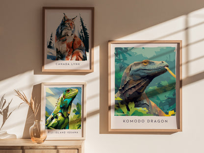 Komodo Dragon Poster | Ancient Reptile Wildlife Wall Art — styled in a modern interior