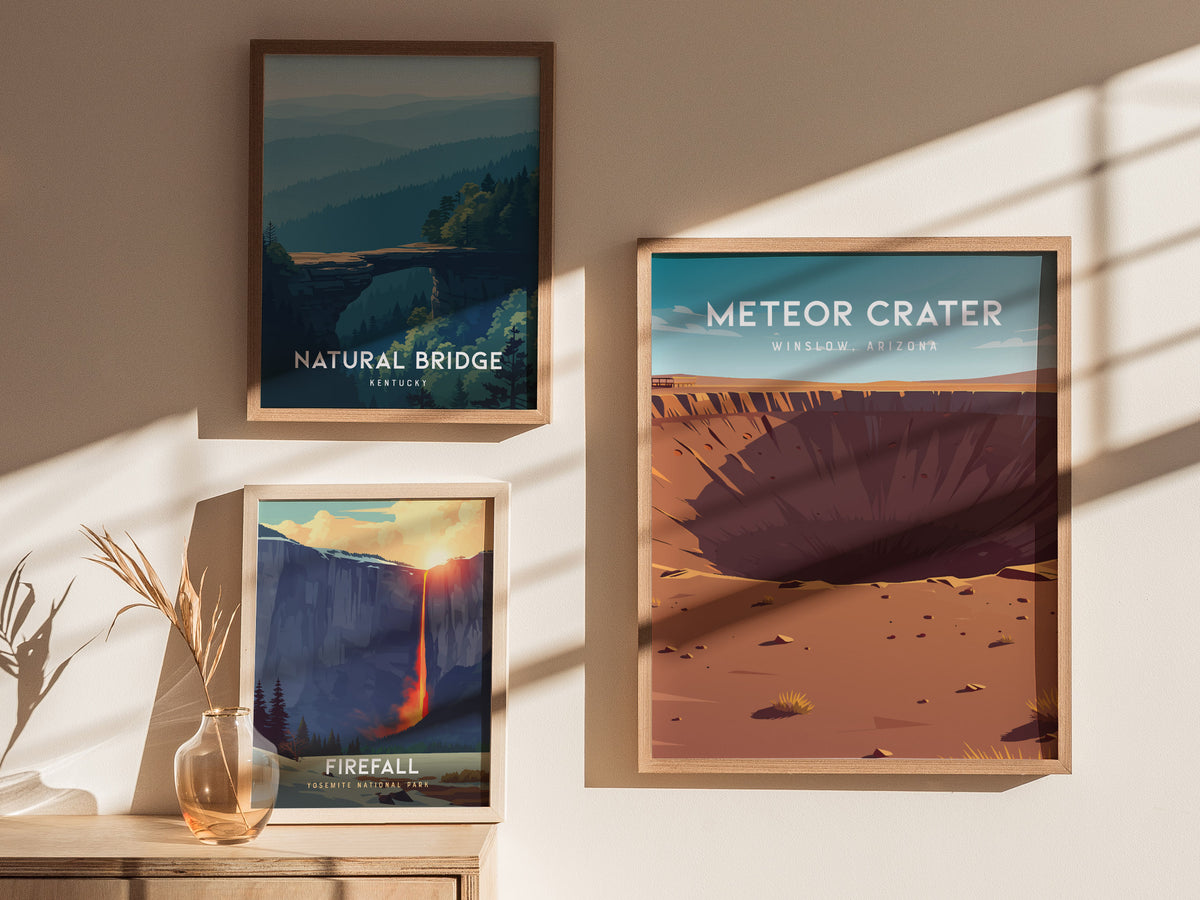 Meteor Crater, Winslow, Arizona Poster | Desert Adventure Travel Wall Art — styled in a modern interior