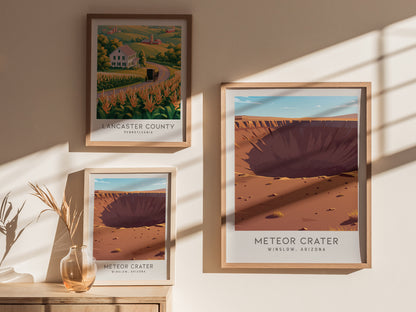 Meteor Crater Matte Border Poster | Winslow, Arizona Destination Print — styled in a modern interior