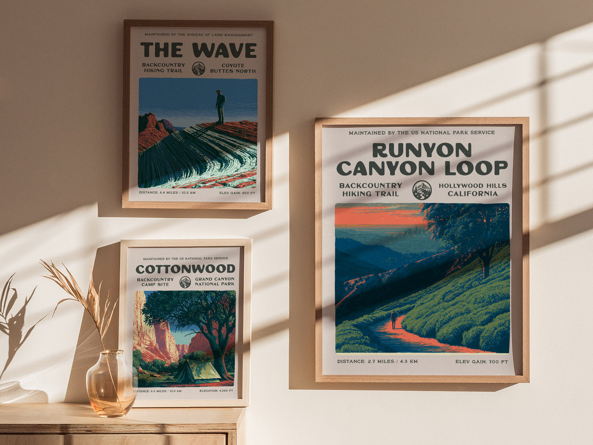 Runyon Canyon Loop, Hollywood Hills, California Poster | Hiker Gift | Bold Backcountry Block Print Wall Art — styled in a mod