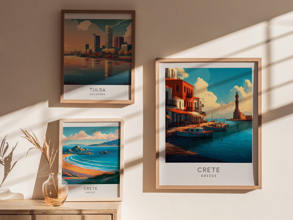 Crete Matte Border Poster | Greece Coastal Beach Decor Travel Wall Art — styled in a modern interior