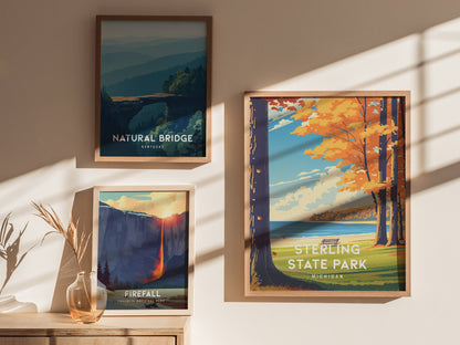 Sterling State Park, Michigan Poster | Lakeside Marshland & Sunset Wall Art — styled in a modern interior