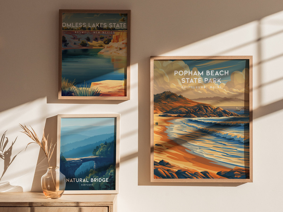 Popham Beach State Park, Phippsburg, Maine Poster | Destination Print Beach House Decor Wall Art — styled in a modern interio