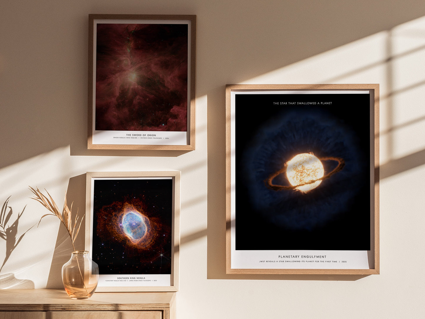 Gallery wall featuring the Planetary Engulfment poster paired with other James Webb and NASA space prints