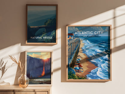 Atlantic City, New Jersey Poster | Boardwalk & Steel Pier Coastal Wall Art — styled in a modern interior