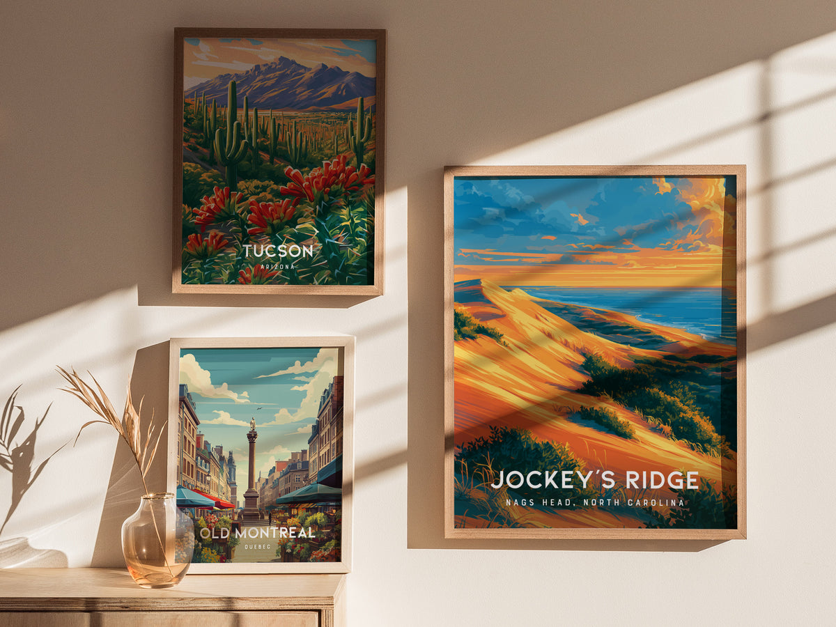 Jockey's Ridge, Nags Head, North Carolina Poster | Sand Dunes & Sunset Travel Wall Art — styled in a modern interior