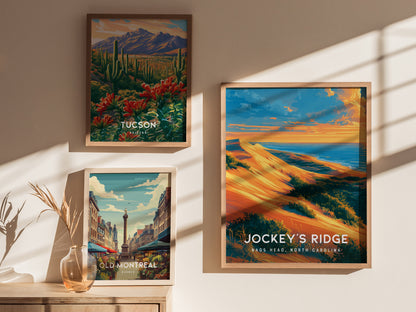 Jockey's Ridge, Nags Head, North Carolina Poster | Sand Dunes & Sunset Travel Wall Art — styled in a modern interior
