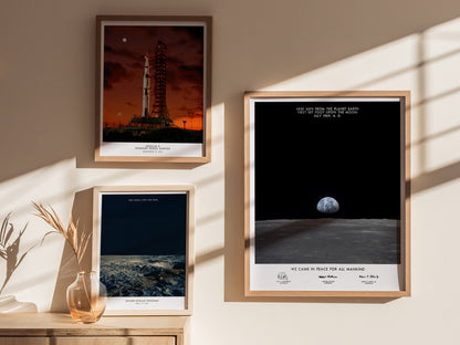 Gallery wall featuring Apollo 11 Earth on the Horizon poster paired with other NASA Moon mission prints