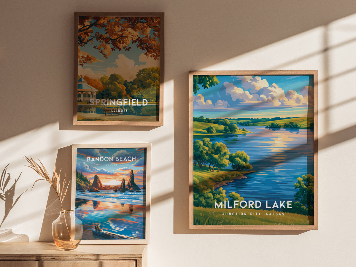 Milford Lake, Junction City, Kansas Poster | Lakeside Serenity Destination Print Wall Art — styled in a modern interior