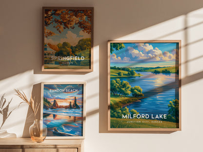 Milford Lake, Junction City, Kansas Poster | Lakeside Serenity Destination Print Wall Art — styled in a modern interior