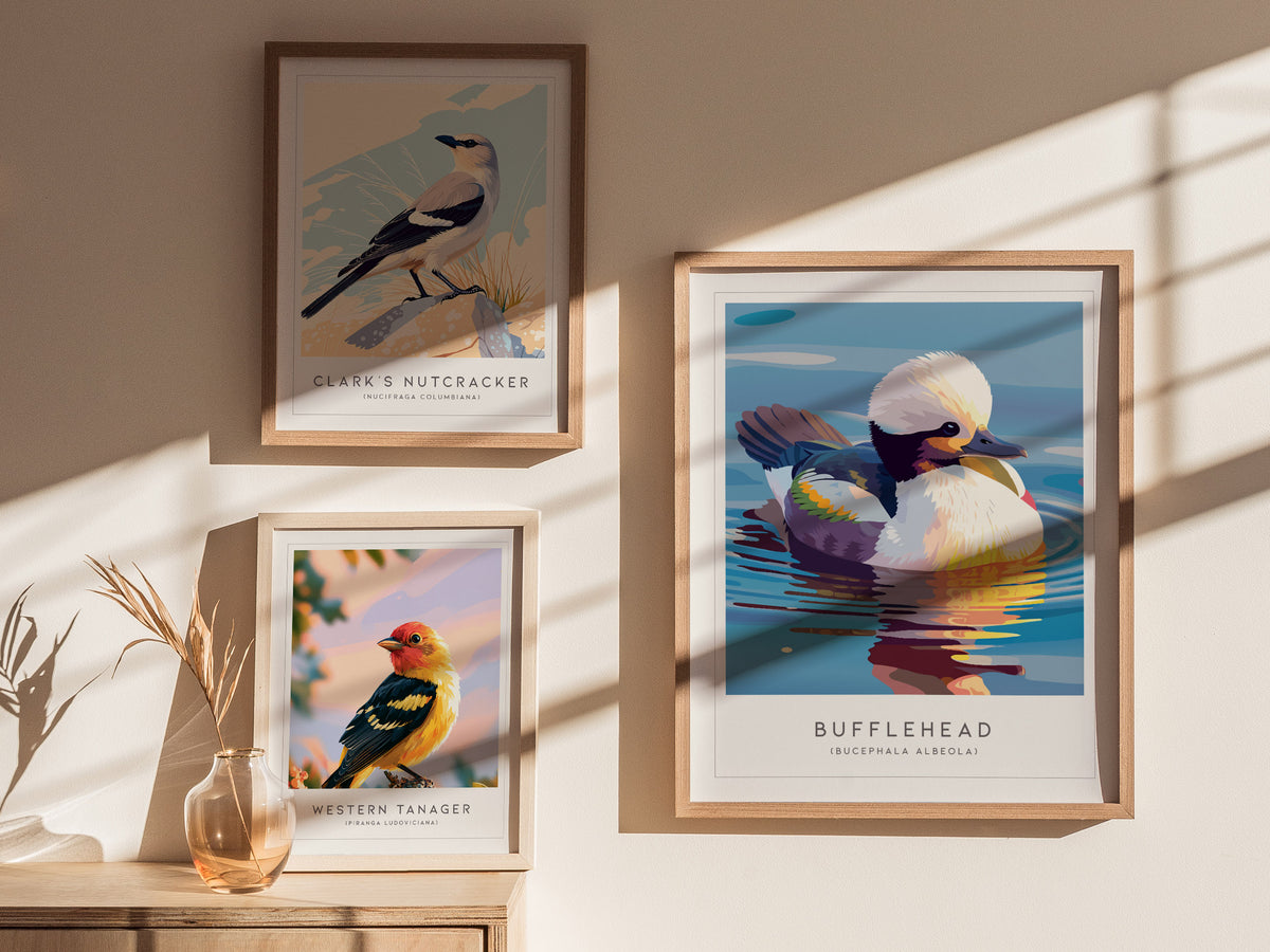 Bufflehead, Bucephala albeola Poster | Diving Duck Wildlife Print Wall Art — styled in a modern interior
