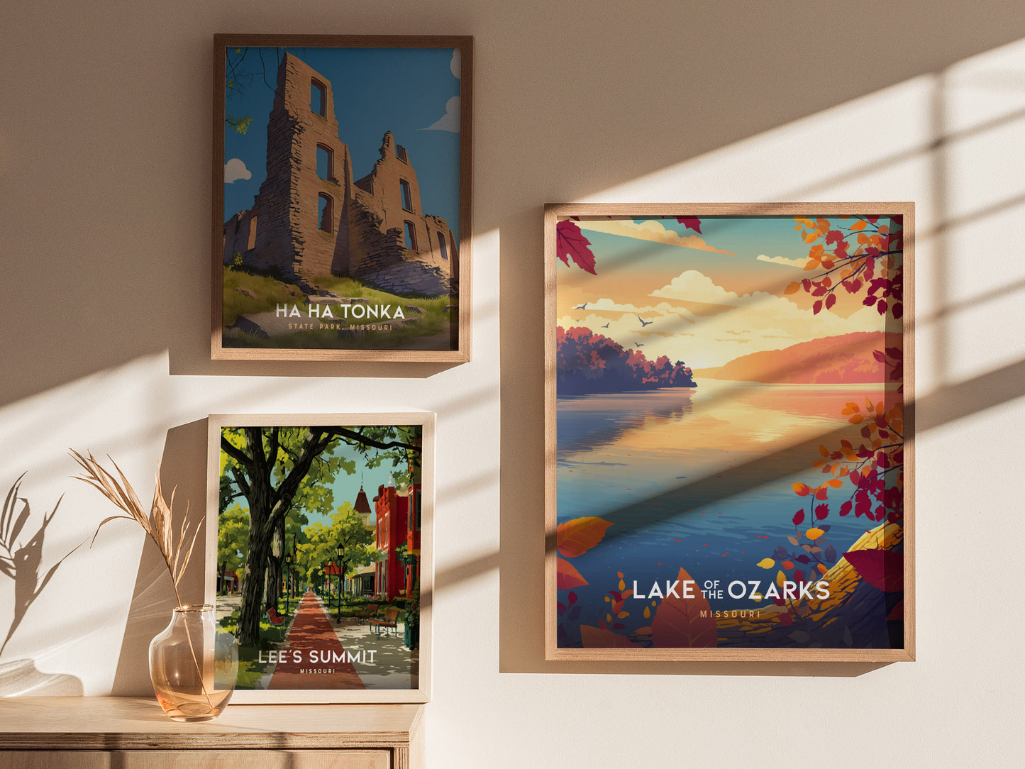 Framed autumn landscape print of Lake of the Ozarks, showcasing vibrant red, orange, and yellow foliage reflecting in the serene water.