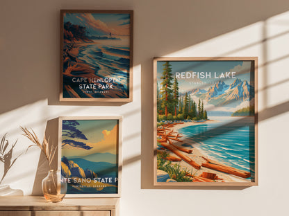 Redfish Lake, Stanley, Idaho Poster | Mountain Lake Destination Print Wall Art — styled in a modern interior