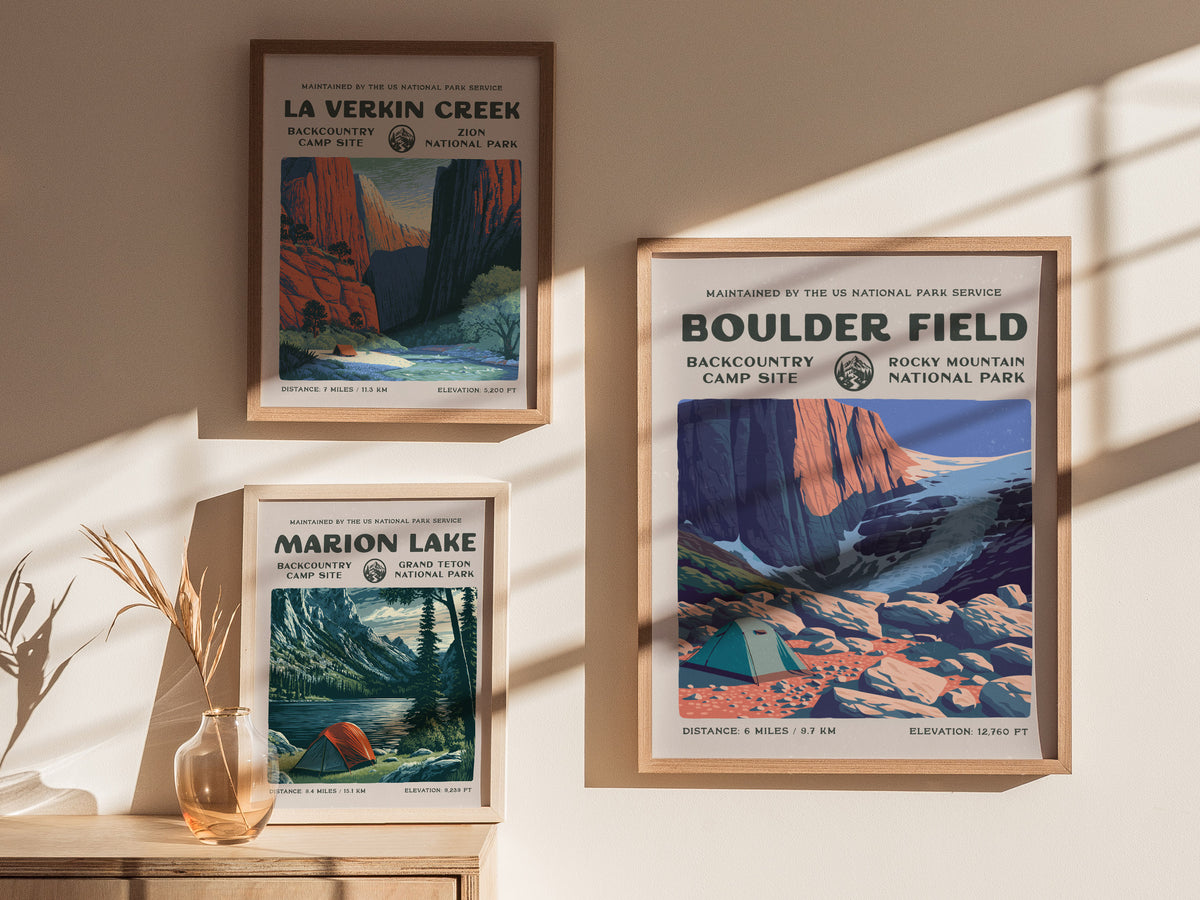 Boulder Field, Rocky Mountain National Park Poster | Hiker Gift | Alpine Wilderness Block Print Wall Art — styled in a modern