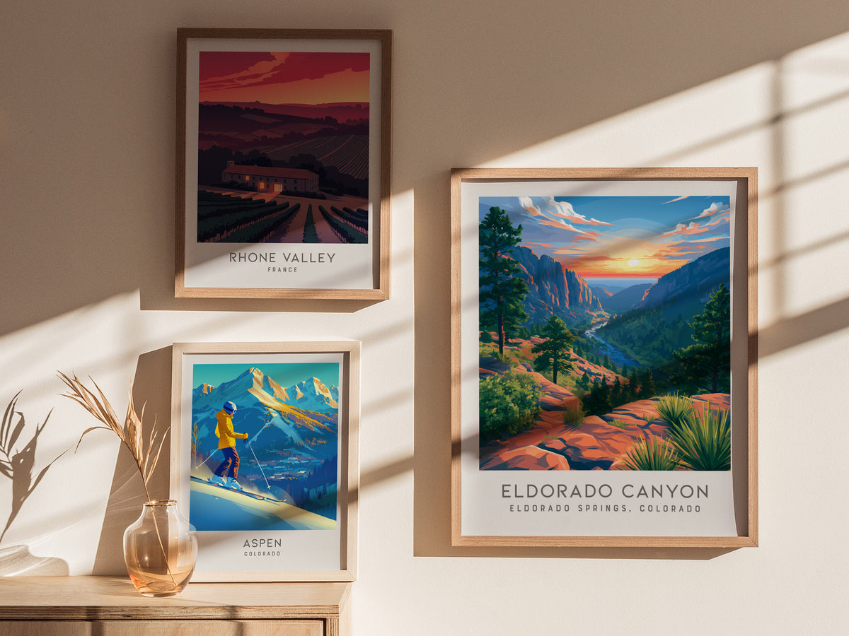 Eldorado Canyon Matte Border Poster | Eldorado Springs, Colorado Destination Print — styled in a modern interior