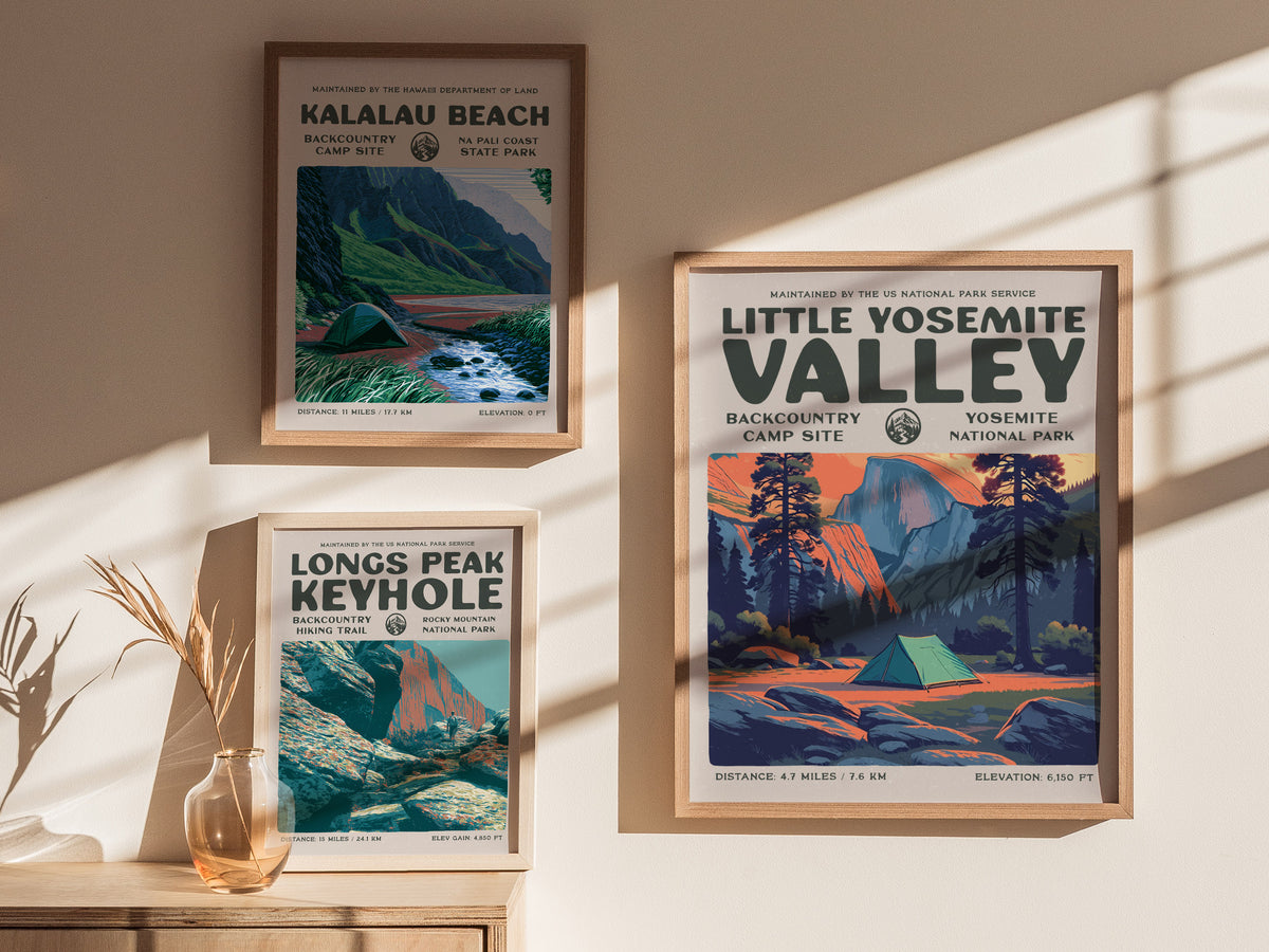 Little Yosemite Valley, Yosemite National Park Poster | Hiker Gift | Backcountry Trail Wall Art — styled in a modern interior