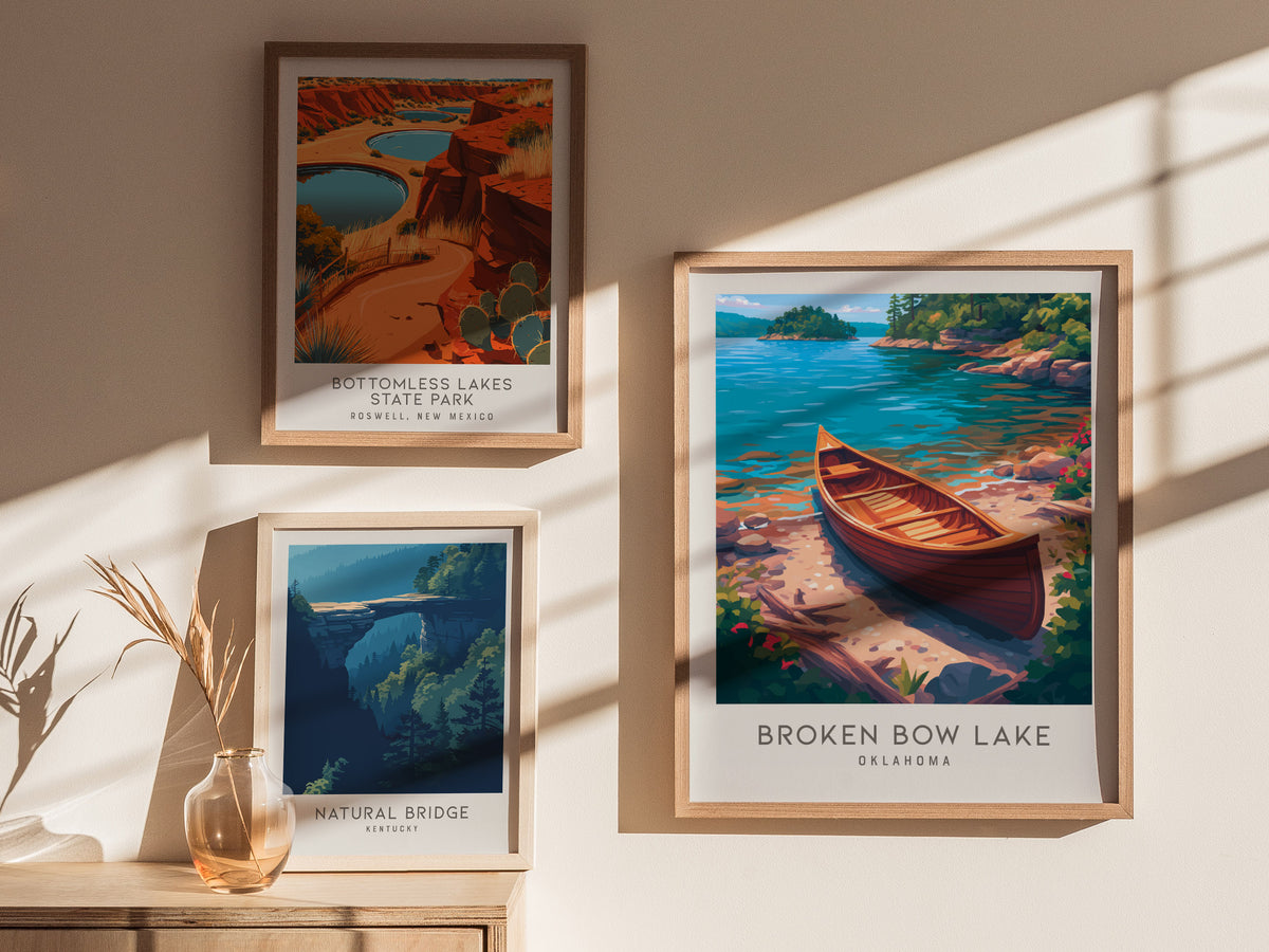 Broken Bow Lake Matte Border Poster | Oklahoma Destination Print Travel Wall Art — styled in a modern interior