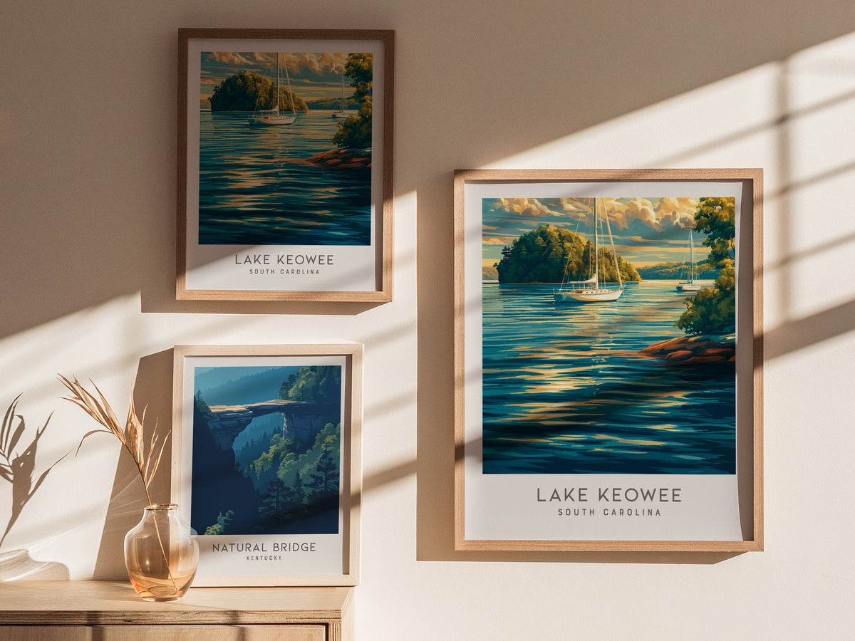 Lake Keowee Matte Border Poster | South Carolina Travel Wall Art — styled in a modern interior
