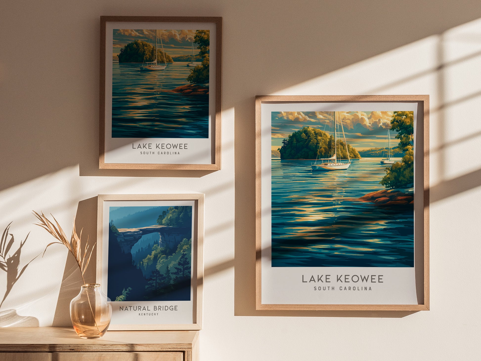 Lake Keowee Matte Border Poster | South Carolina Travel Wall Art — styled in a modern interior