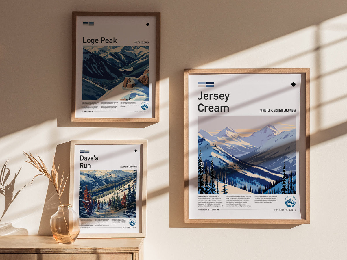 Jersey Cream, Whistler, British Columbia Poster | Alpine Print Ski Lodge Decor Wall Art — styled in a modern interior