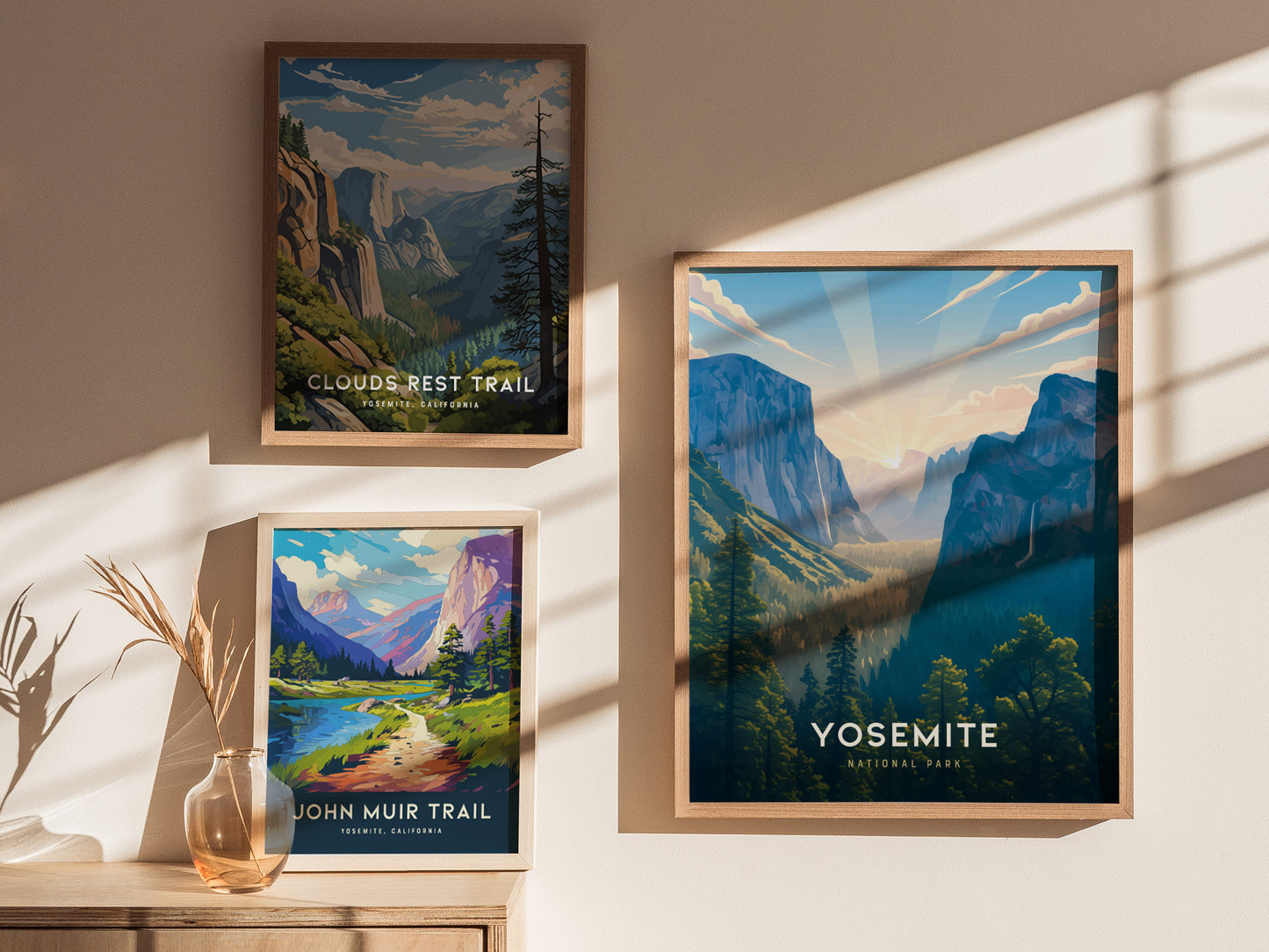 Gallery wall featuring the Yosemite National Park California poster alongside other national park prints