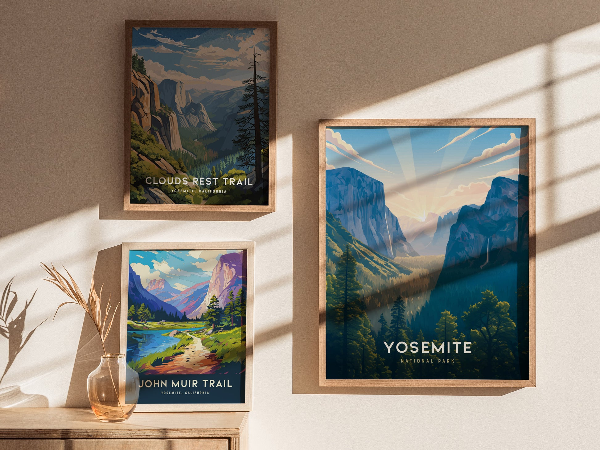 Gallery wall featuring the Yosemite National Park California poster alongside other national park prints
