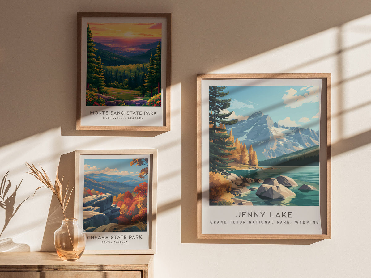 Jenny Lake Matte Border Poster | Grand Teton National Park, Wyoming Travel Wall Art — styled in a modern interior
