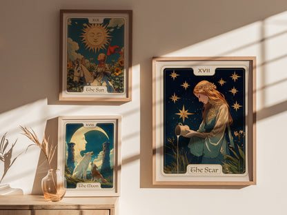 Three framed tarot card posters hang on a wall, featuring The Sun, The Star, and The Moon cards, beautifully illuminated by soft sunlight.