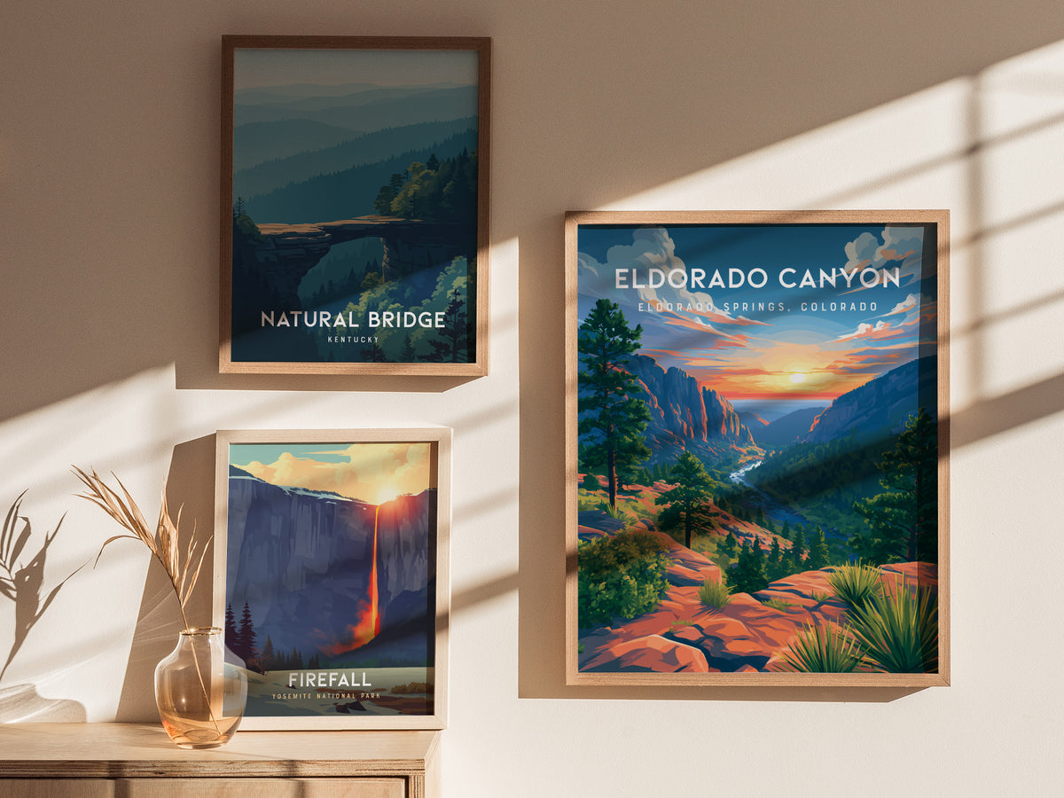 Eldorado Canyon, Eldorado Springs, Colorado Poster | Rocky Mountain Adventure Framed or Unframed Wall Art — styled in a moder