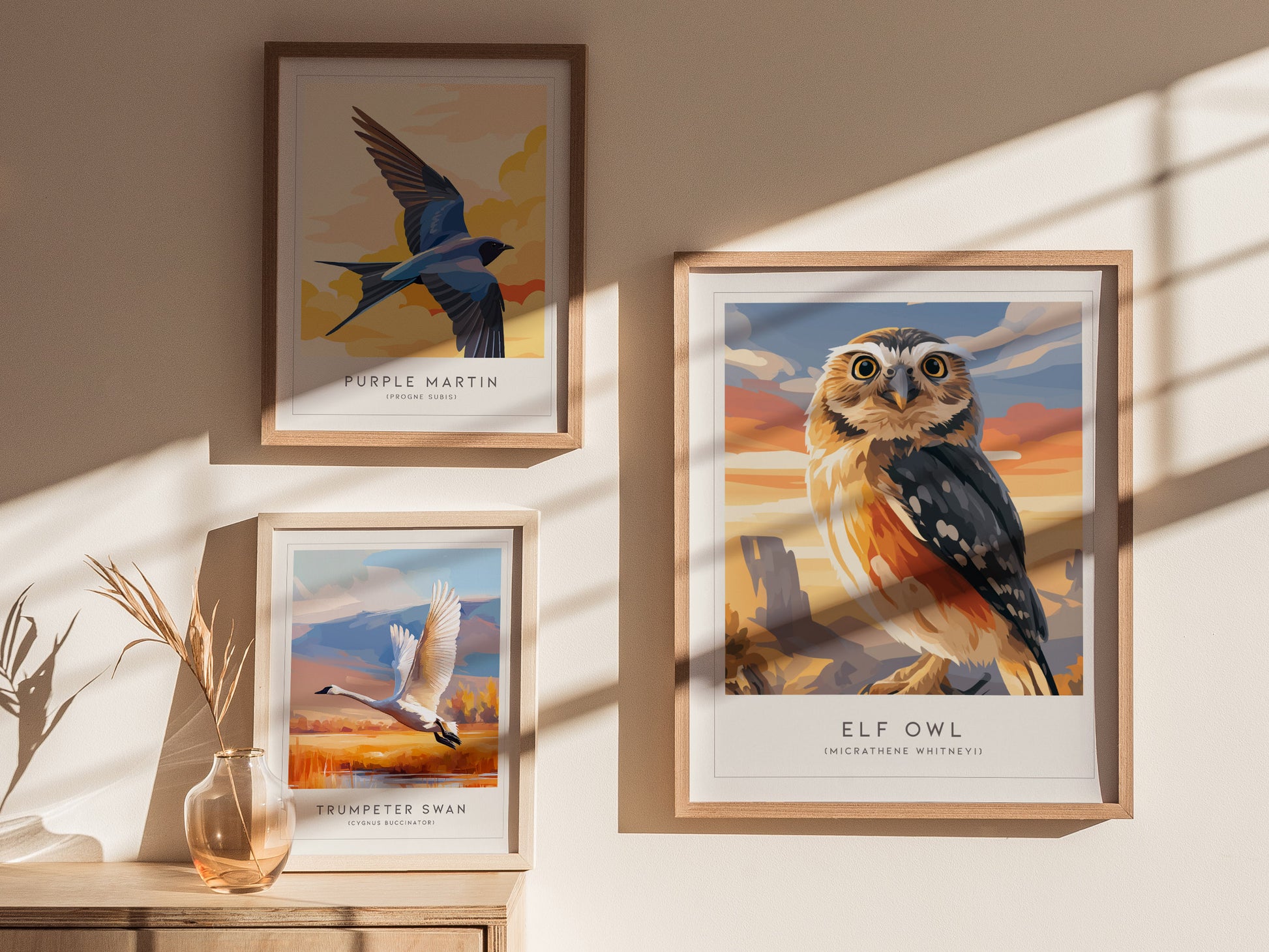 Elf Owl Poster | Desert Night Tiny Owl Wall Art — styled in a modern interior