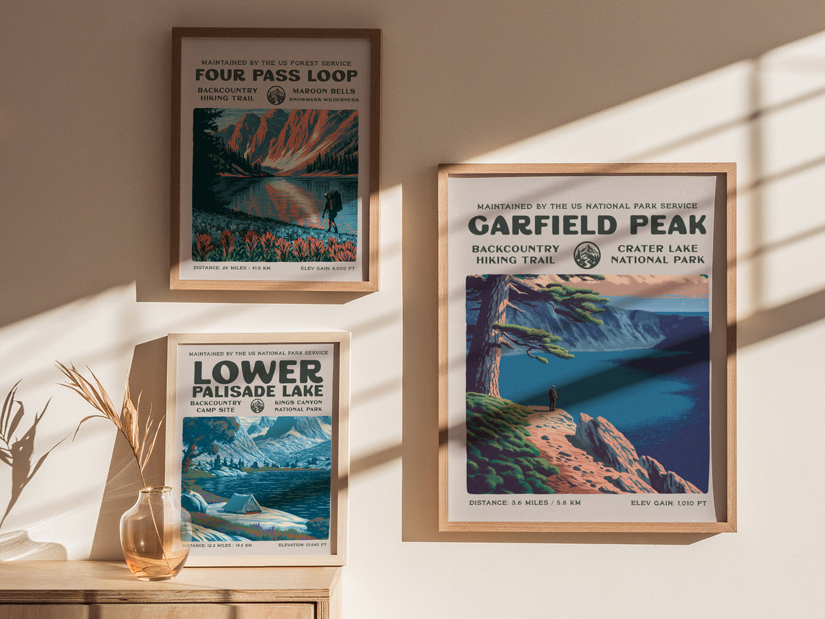 Garfield Peak, Crater Lake National Park Poster | Hiker Gift | Backcountry Trail Wall Art — styled in a modern interior