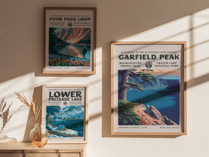 Garfield Peak, Crater Lake National Park Poster | Hiker Gift | Backcountry Trail Wall Art — styled in a modern interior