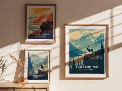Three framed posters hang on a beige wall, depicting scenic national parks: Hawaii Volcanoes, Great Smoky Mountains, and Rocky Mountain, with natural light casting shadows.