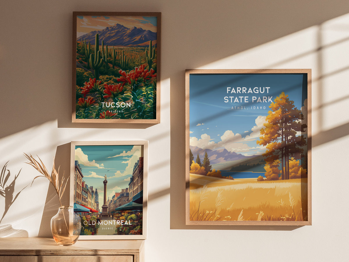 Farragut State Park, Athol, Idaho Poster | Lakeside Mountain Wilderness Destination Print Wall Art — styled in a modern inter