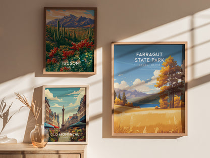 Farragut State Park, Athol, Idaho Poster | Lakeside Mountain Wilderness Destination Print Wall Art — styled in a modern inter
