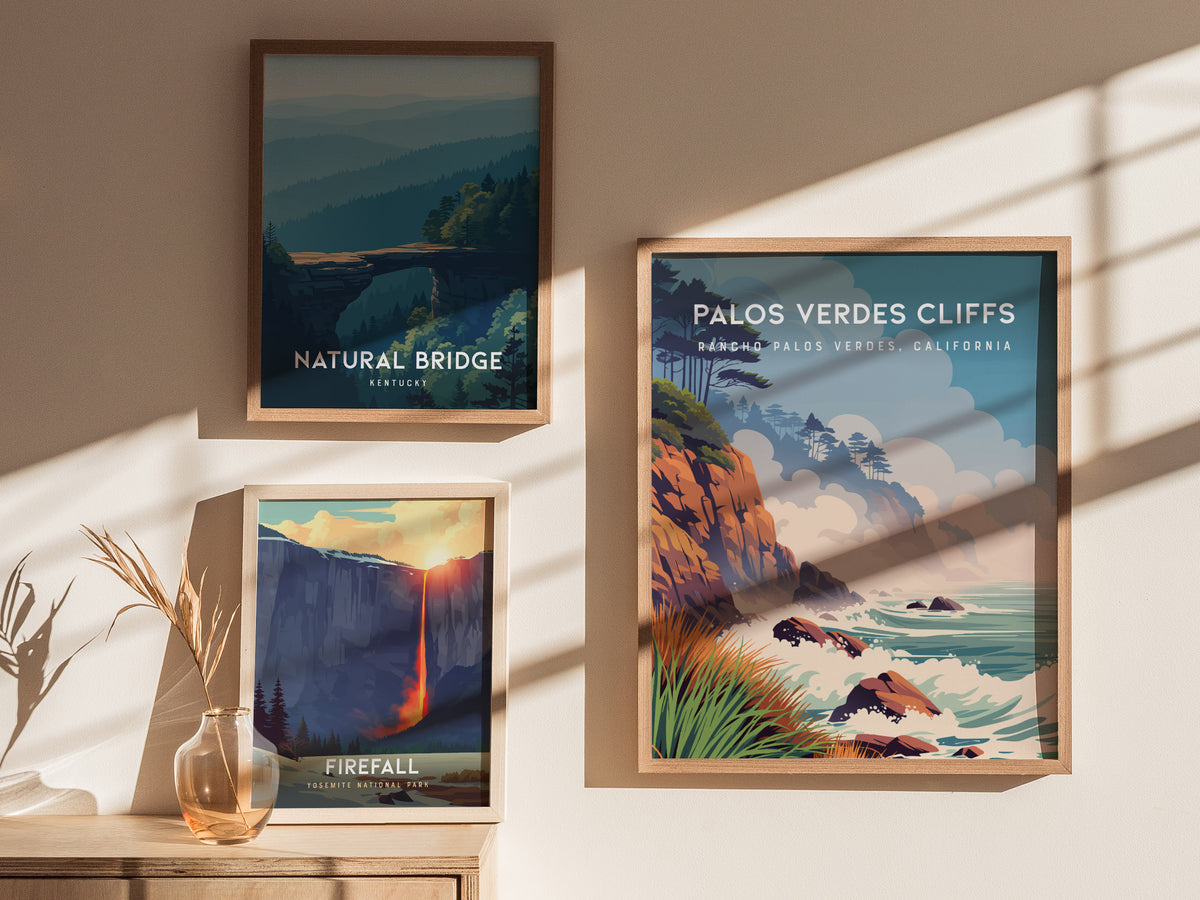 Palos Verdes Cliffs, California Poster | Dramatic Coastal Bluffs Wall Art — styled in a modern interior