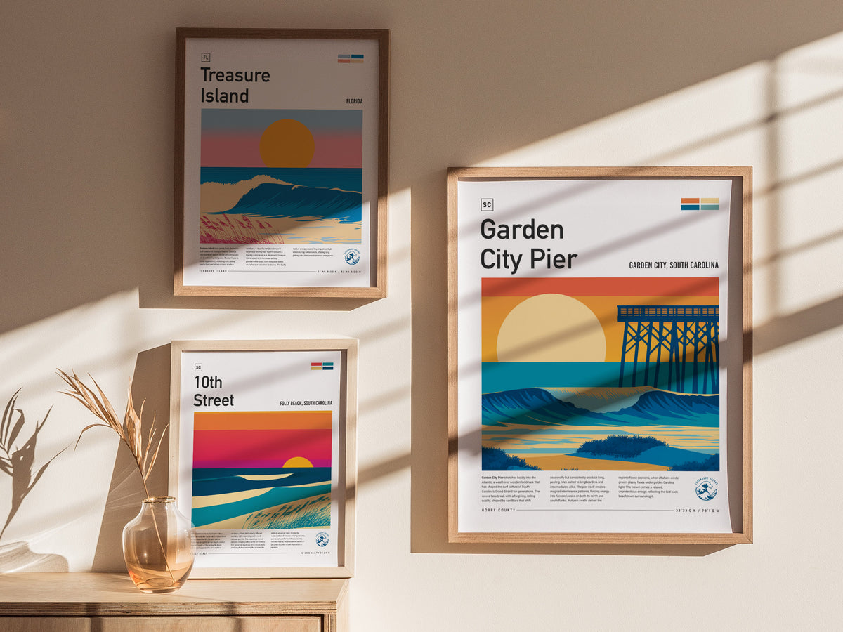 Garden City Pier, Garden City, South Carolina Poster | Surf Waves & Coastal Pier Wall Art — styled in a modern interior