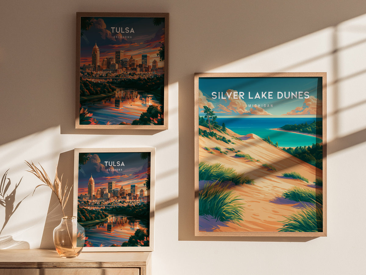 Silver Lake Dunes, Michigan Poster | Sand Dunes & Lakeshore Destination Print Wall Art — styled in a modern interior