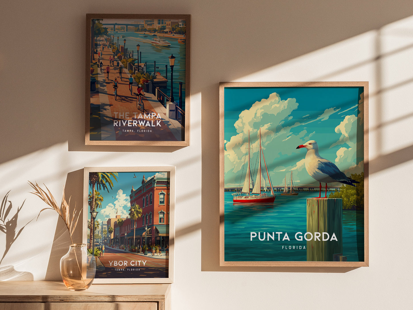 Framed Punta Gorda coastal poster featuring a seagull on a wooden post, vibrant sailboats, and blue waters under fluffy clouds.