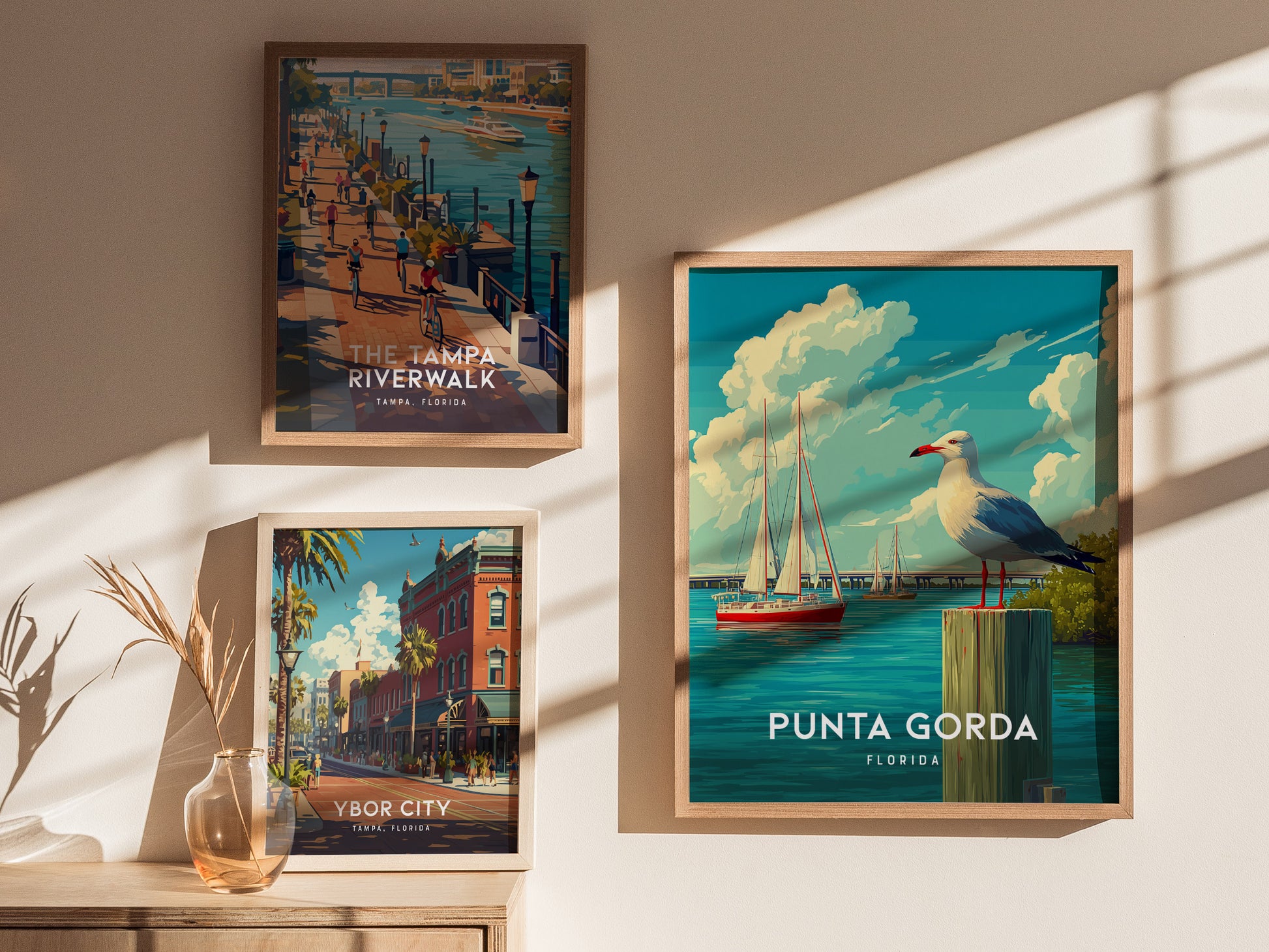 Framed Punta Gorda coastal poster featuring a seagull on a wooden post, vibrant sailboats, and blue waters under fluffy clouds.