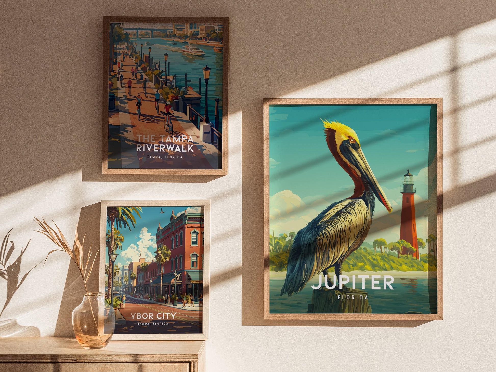 Framed posters of Tampa Riverwalk, Ybor City, and Jupiter on a wall with sunlight casting shadows.