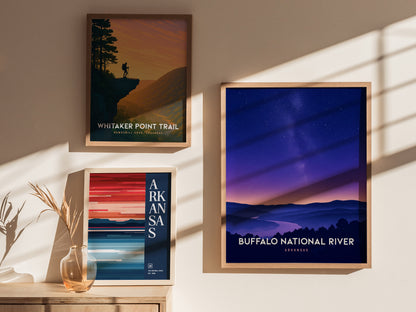 Stylized Buffalo National River poster featuring rolling hills under a starry night sky in deep blues and purples, perfect travel art print.