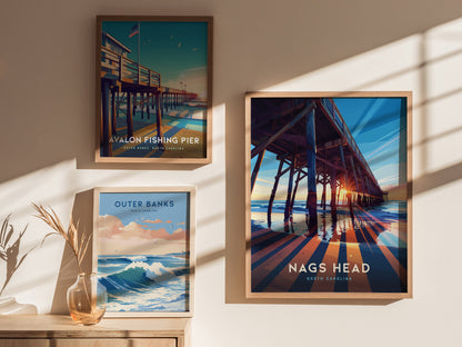 Nags Head Outer Banks Poster | Surfer Pier Wall Art Print